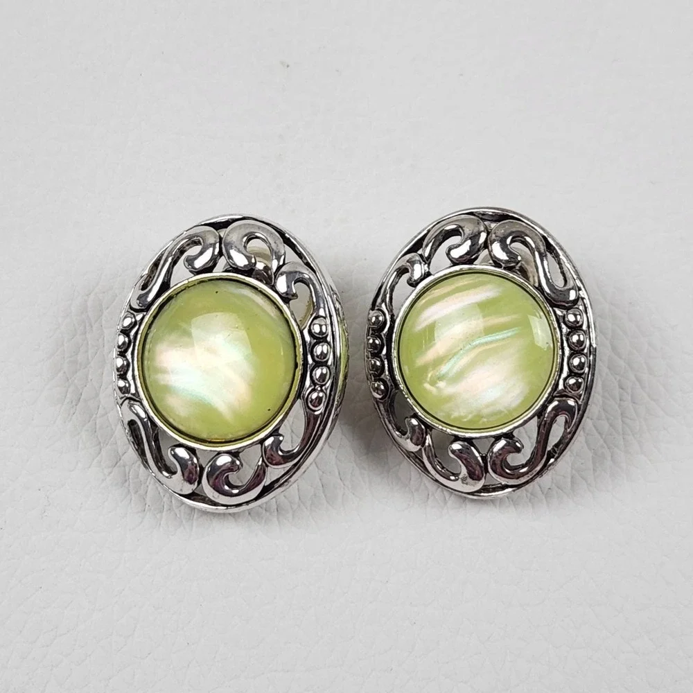 Vintage Jewelry Set Pendant and Earrings Lime Green Silver Tone Scrollwork